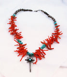 Native American Red Coral & Turquoise Cross Necklace