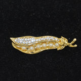 Rhinestone Pea Pod Gold Brooch Vintage