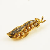Rhinestone Pea Pod Gold Brooch Vintage
