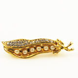 Rhinestone Pea Pod Gold Brooch Vintage