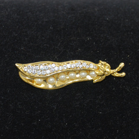 Rhinestone Pea Pod Gold Brooch Vintage