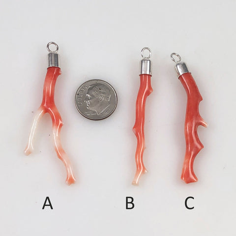 Salmon Pink Coral & Sterling Pendants Long Branches