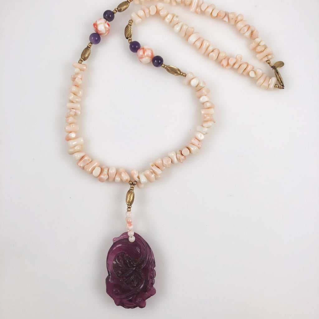 Vintage Coral Necklace with Amethyst Pendant
