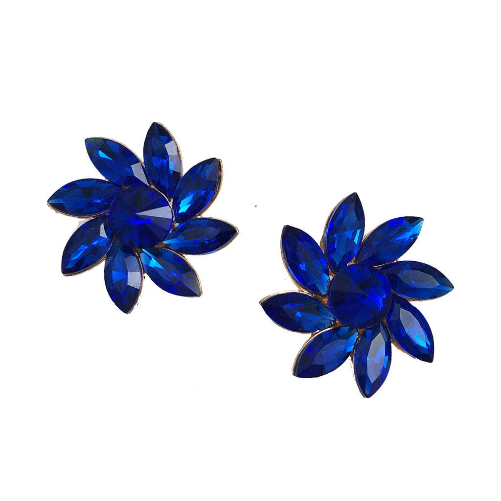 Blue Sapphire Floral Rhinestone Clip On Earrings