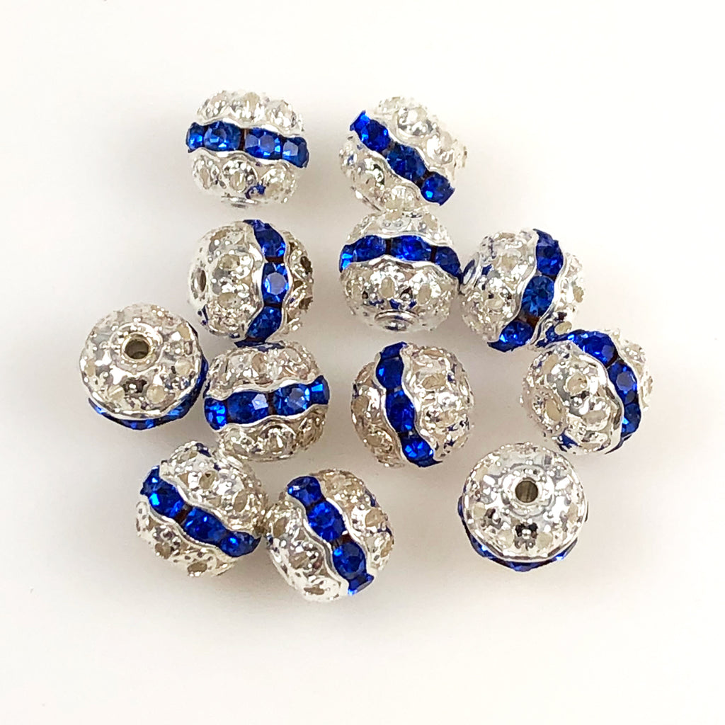 Silver & Sapphire Rhinestone Beads (6)