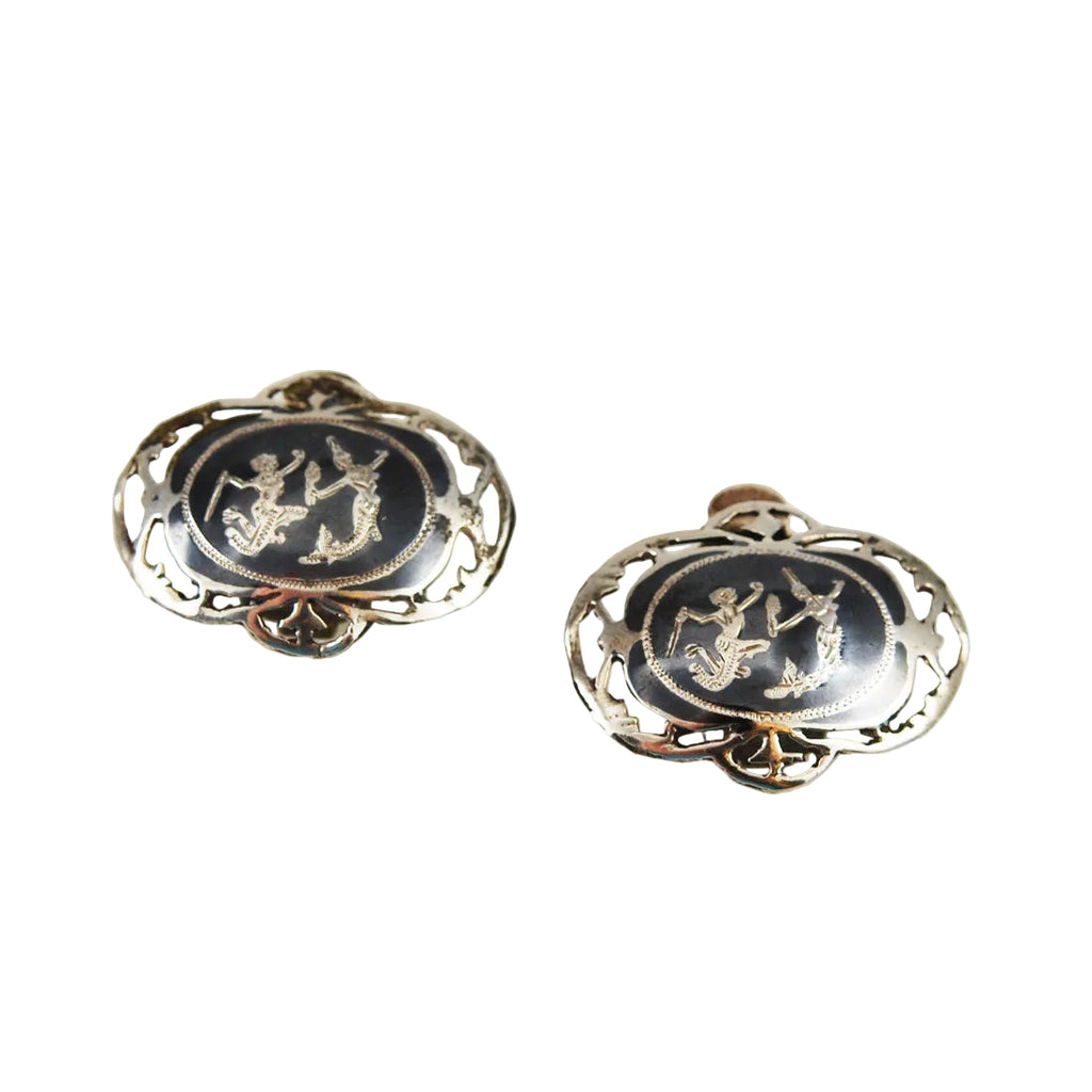 Sterling Silver Siam Niello Earrings  1950's