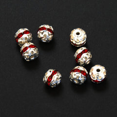 Silver & Siam Red Rhinestone 8mm Beads (6)