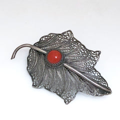 Italian Silver Filigree & Red Coral Leaf Brooch