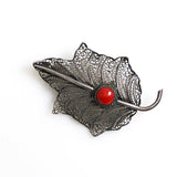 Italian Silver Filigree & Red Coral Leaf Brooch