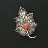 Italian Silver Filigree & Red Coral Leaf Brooch