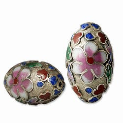 Large Cloisonne Silver Oval Beads Vintage Chinese 18 x 12mm