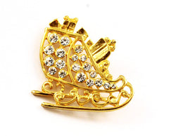 Gold Plated Rhinestone Sleigh Pin Holiday Vintage