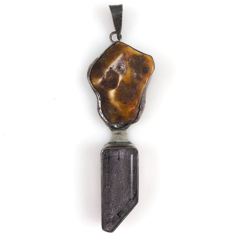 Large Sterling Amber & Smoky Quartz Pendant