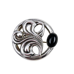 Sterling Silver & Black Onyx Floral Brooch Vintage