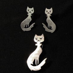 Mexican Sterling Silver Cat Brooch & Earrings