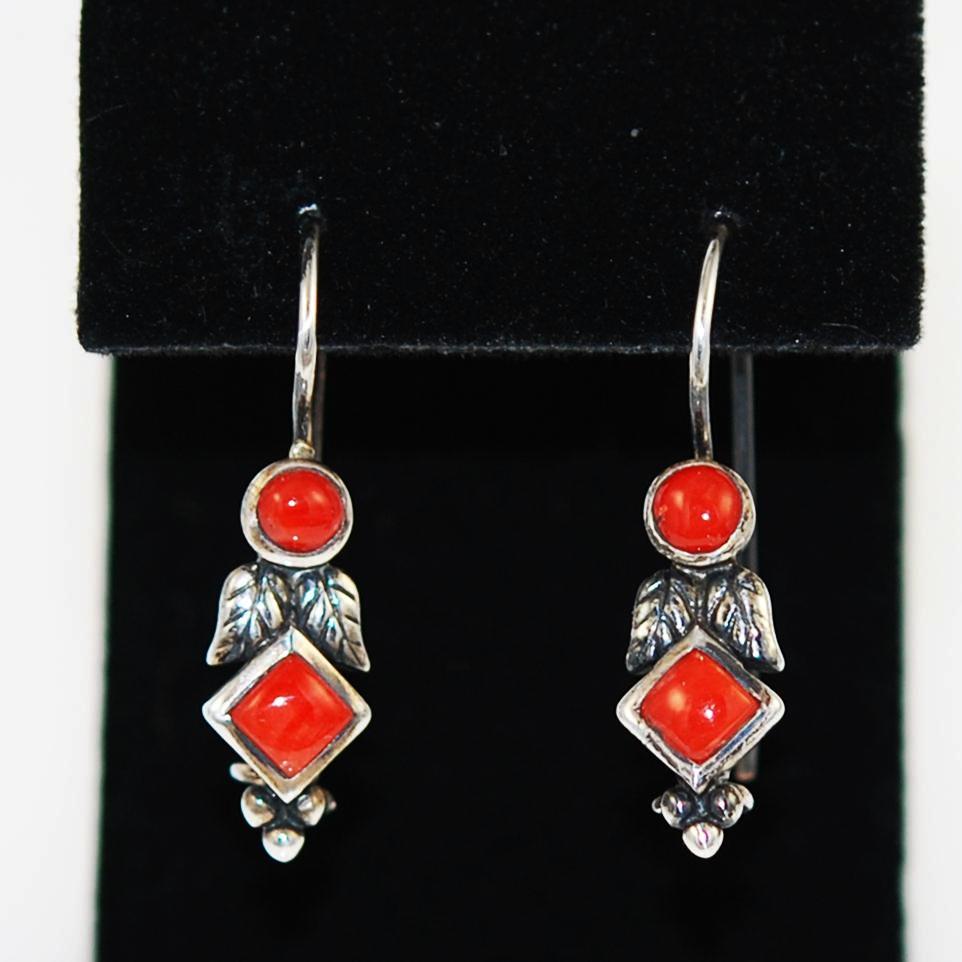 Red Coral & Sterling Native American Earrings