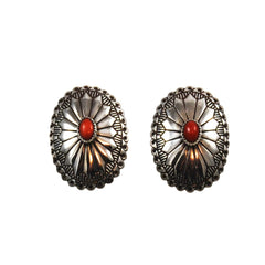 Sterling & Red Coral Native American Concho Earrings