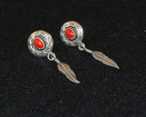 Coral & Sterling Feather Native American Earrings