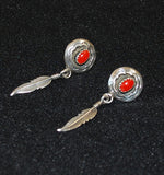 Coral & Sterling Feather Native American Earrings