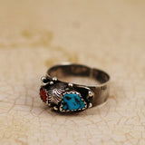 Turquoise , Coral & Sterling Silver Native American Ring