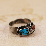 Turquoise , Coral & Sterling Silver Native American Ring