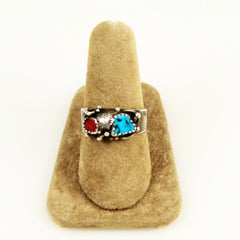 Turquoise , Coral & Sterling Silver Native American Ring