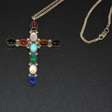 Large Sterling Gemstone Cross Necklace Signed LB