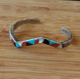 Native American Sterling Turquoise Coral Inlaid Bracelet