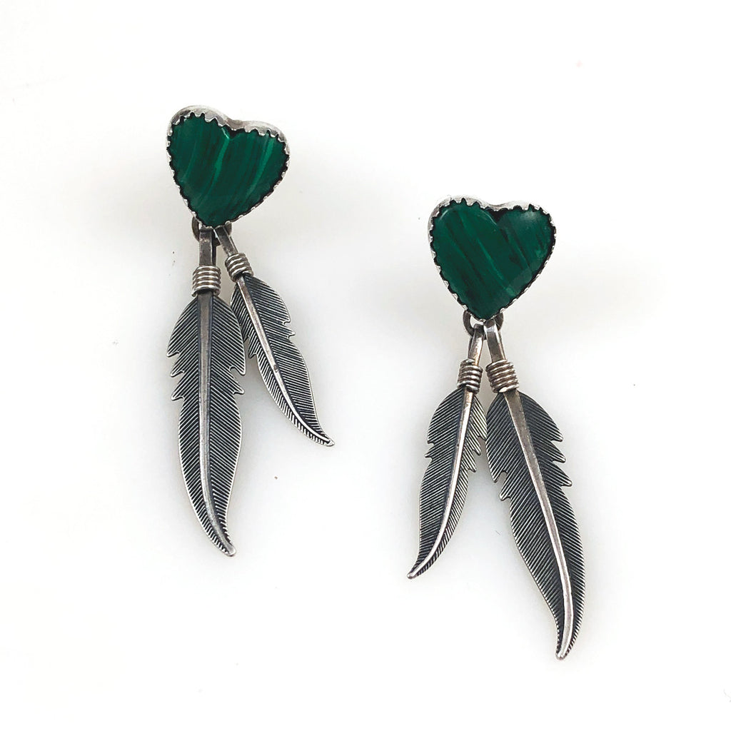 Malachite Heart & Feather Pierced Earrings Vintage