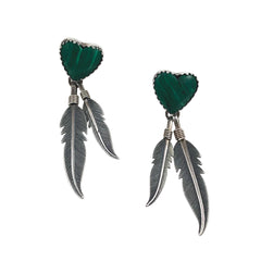 Malachite Heart & Feather Pierced Earrings Vintage