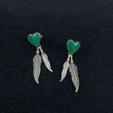 Malachite Heart & Feather Pierced Earrings Vintage
