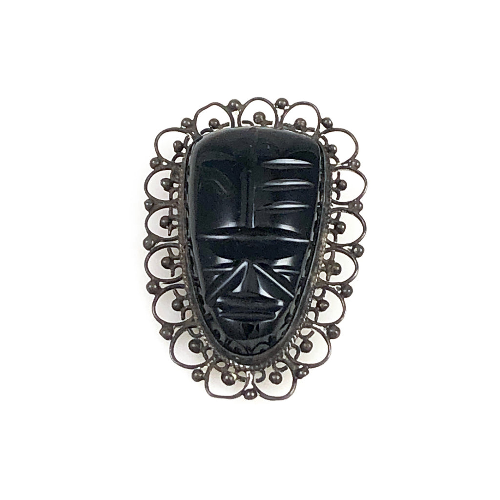 Sterling Mexican Obsidian Mask Brooch Vintage 