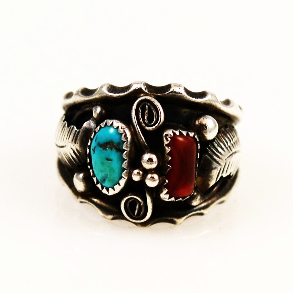 Men's Turquoise & Coral Navajo Ring Size 12