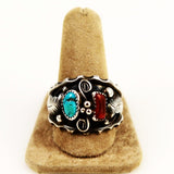 Sterling Turquoise & Coral Navajo Ring Size 12