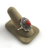 Italian Red Coral Silver Filigree Ring