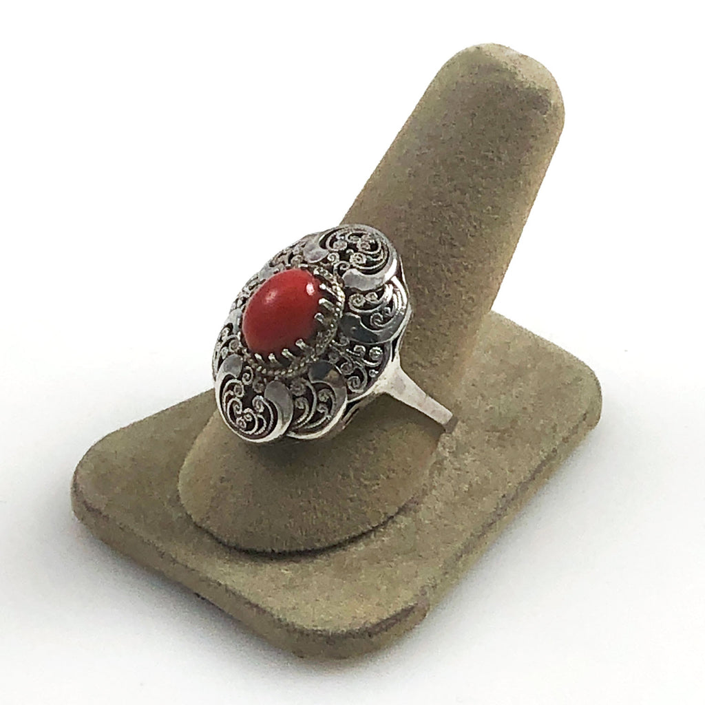 Vintage Italian Red Coral Silver Filigree Ring