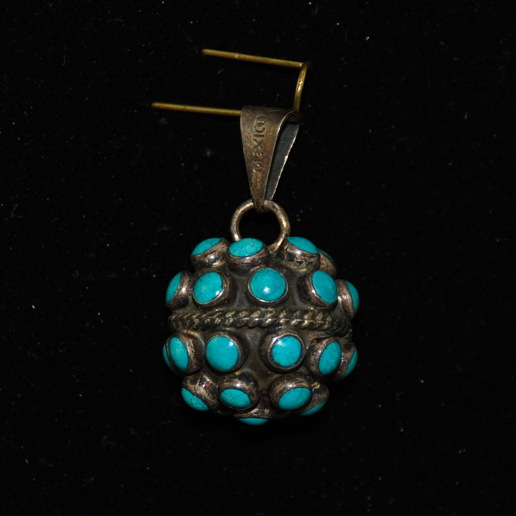 Vintage Turquoise Ball Pendant Mexican Silver