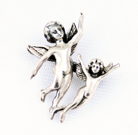 Sterling Silver Cherubs or Angels Brooch Vintage