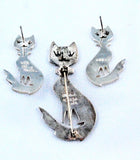 Back of Mexican Sterling Silver Cat Brooch & Earrings