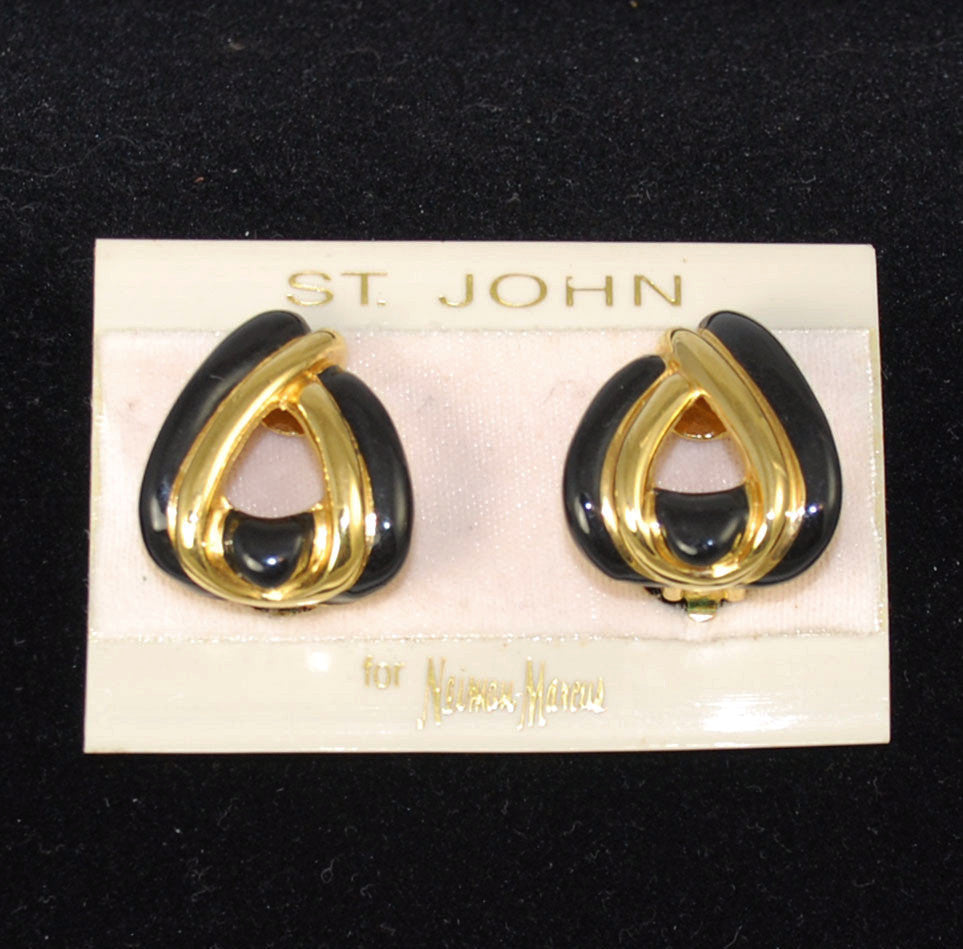 St. John Gold and Black Enamel Designer Earrings