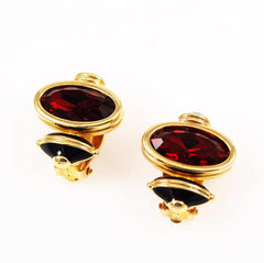 Swarovski Siam & Enamel Clip On Earrings - Signed Vintage