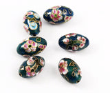 Large Cloisonne Teal Blue Oval Beads Vintage Chinese 24 x 15mm