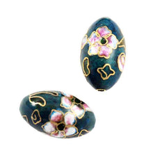 Large Cloisonne Teal Blue Oval Beads Vintage Chinese 24 x 15mm