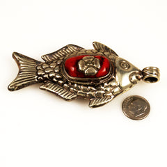 Tibetan Silver and Red Coral Fish Pendant