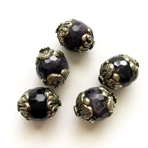 Tibetan Silver Capped Amethyst Beads