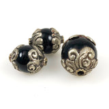 Tibetan Black Onyx Beads Silver Caps