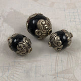 Tibetan Black Onyx Beads Silver Caps