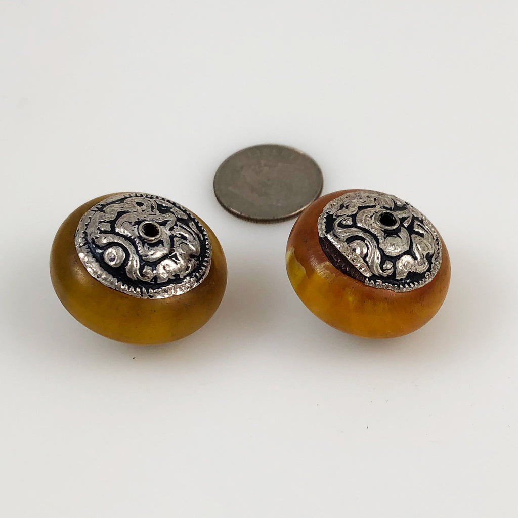 Tibetan Copal Amber Beads Silver