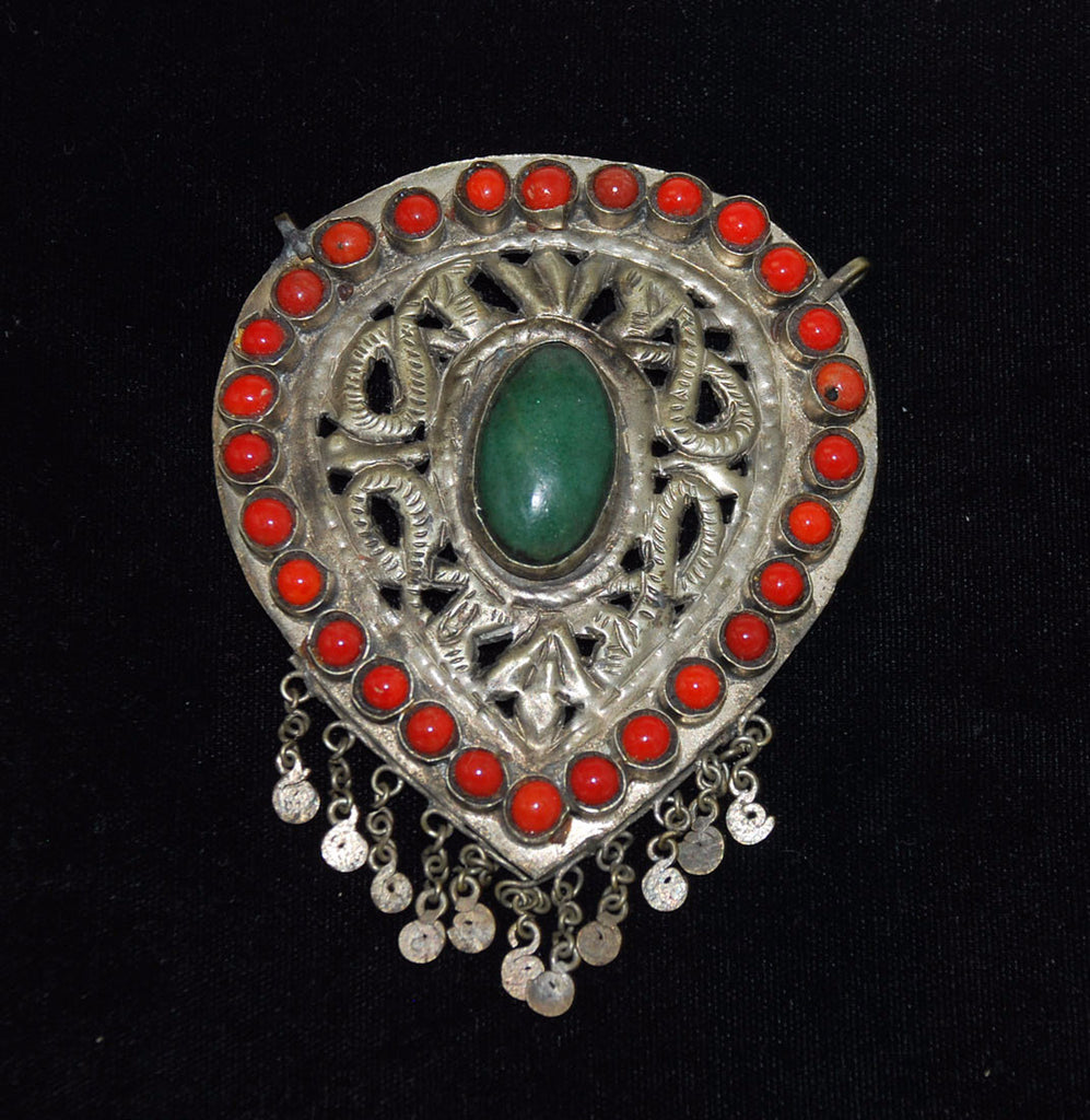 Antique Kashmiri Snake Pendant With Jade and Coral Large