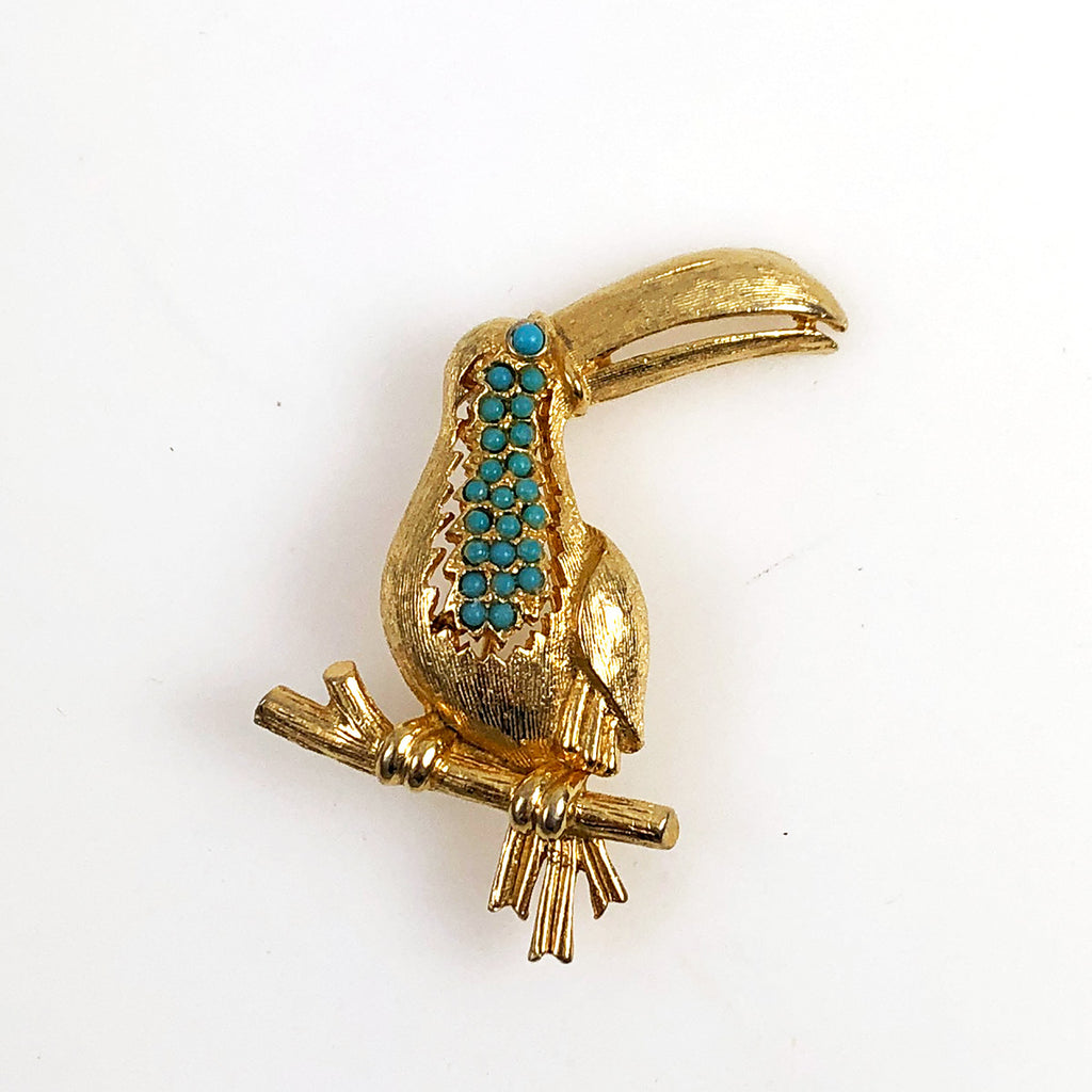 Toucan Brooch Gold & Turquoise Vintage